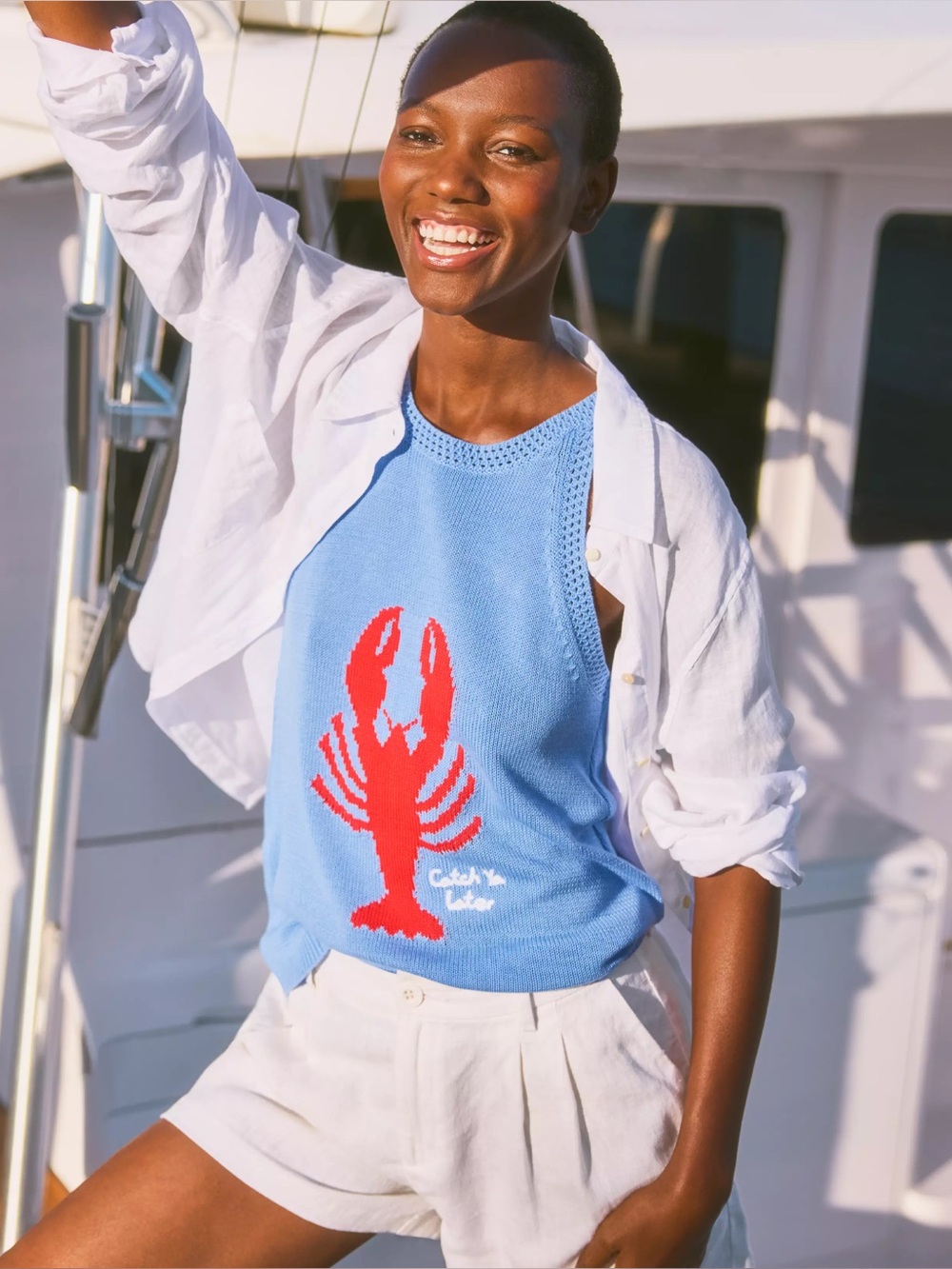 Lilly Pulitzer Emra Cotton Sweater Tank Lobster Catch Ya Later Blue Red Size XL